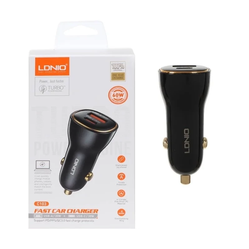 شارژر فندکی فست و PD دو پورت LDNIO مدل C103 60W به همراه کابل شارژ Type-C TO Type-C - مشکی (اصلی)