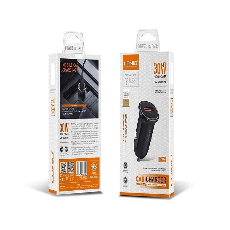 شارژر فندکی 30وات الدینیو مدل C105پک اصلی و تضمین کیفیت و رنگ مشکی